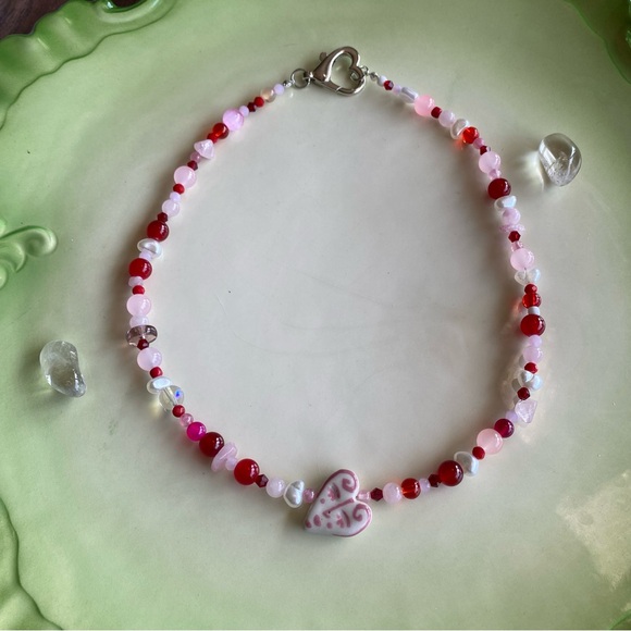 True Love Pink Red & White Beaded Necklace Ceramic Heart Face Pendant Pearl - Picture 5 of 13